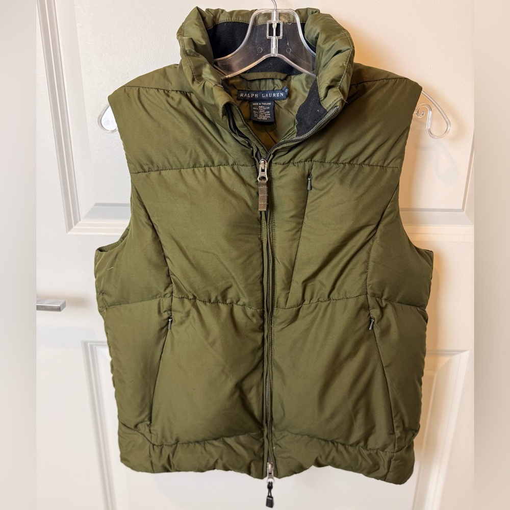 Ralph Lauren Olive Green Down Puffer Vest Women’s S 90% Down Repaired Spot